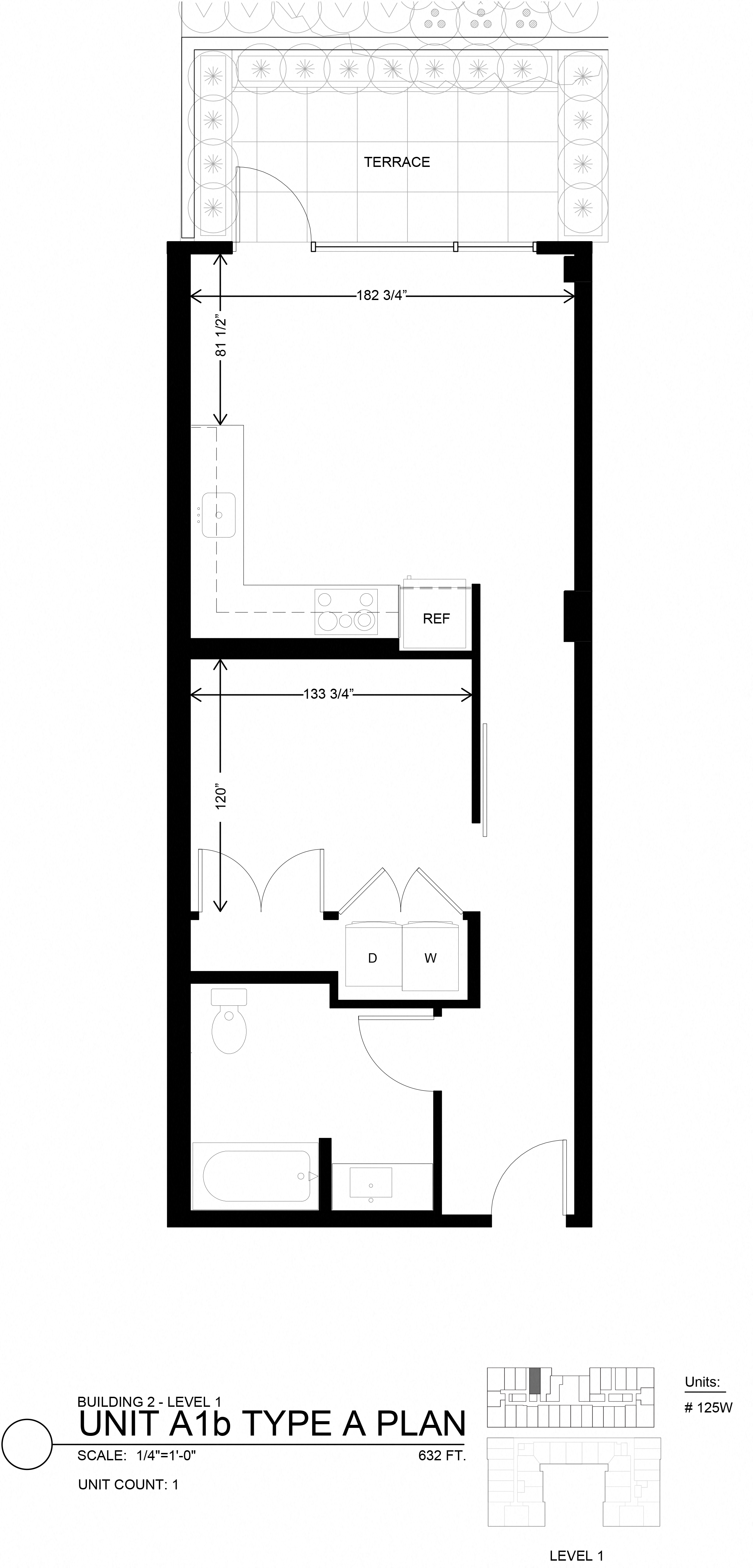 Floor plan for 1 bed, 1 bath, 632 sqft